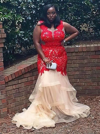 Trumpet/Mermaid Scoop Neck Organza Sweep Train Lace prom dress #Favs020105967