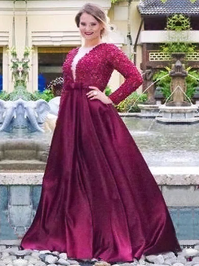 A-line V-neck Satin Floor-length Beading prom dress #Favs020105950