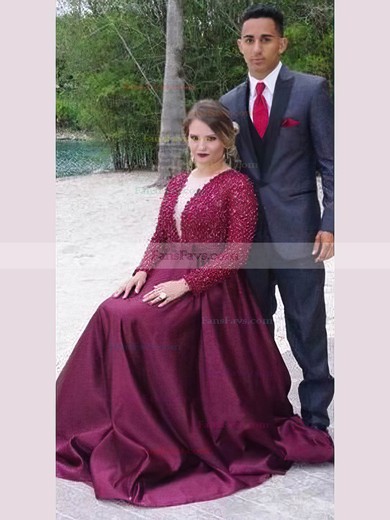 A-line V-neck Satin Floor-length Beading prom dress #Favs020105950