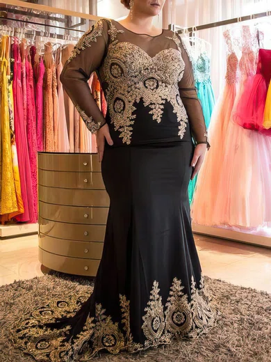 Trumpet/Mermaid Scoop Neck Satin Sweep Train Lace prom dress #Favs020105960