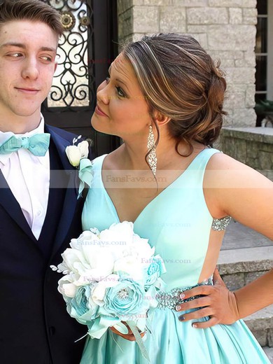 A-line V-neck Satin Floor-length Beading prom dress #Favs020105970