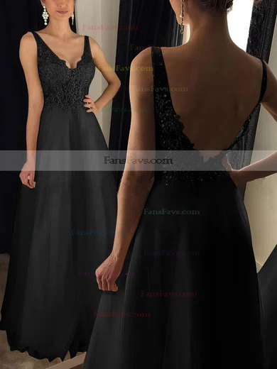 Princess V-neck Tulle Floor-length Appliques Lace Prom Dresses #Favs020102889