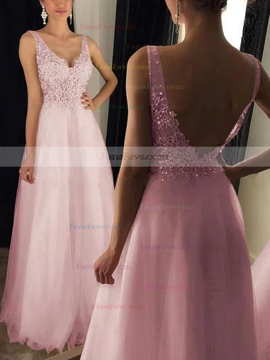 Princess V-neck Tulle Floor-length Appliques Lace Prom Dresses #Favs020102889