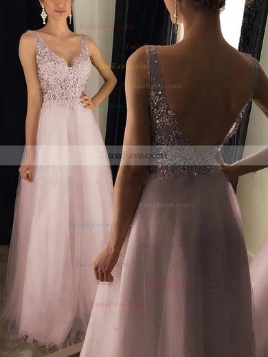 Princess V-neck Tulle Floor-length Appliques Lace Prom Dresses #Favs020102889