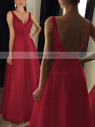 Princess V-neck Tulle Floor-length Appliques Lace Prom Dresses #Favs020102889