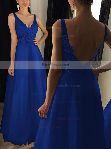 Princess V-neck Tulle Floor-length Appliques Lace Prom Dresses #Favs020102889