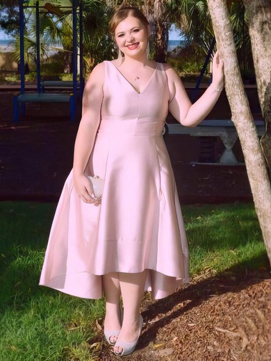 A-line V-neck Satin Tea-length prom dress #Favs020106021
