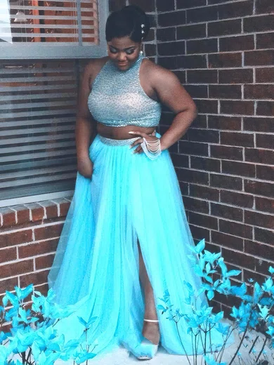 A-line High Neck Tulle Floor-length Pleats prom dress #Favs020105955