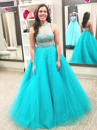 Princess High Neck Tulle Floor-length Beading prom dress #Favs020105968
