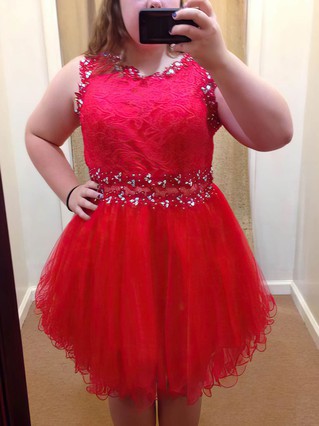 A-line Scoop Neck Tulle Short/Mini Lace prom dress #Favs020105973 A-line Scoop Neck Tulle Short/Mini Lace prom dress #Favs020105973