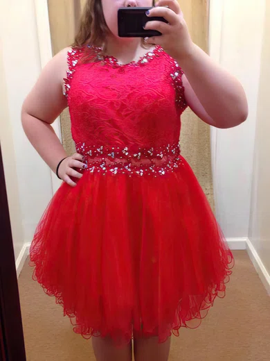 A-line Scoop Neck Tulle Short/Mini Lace prom dress #Favs020105973