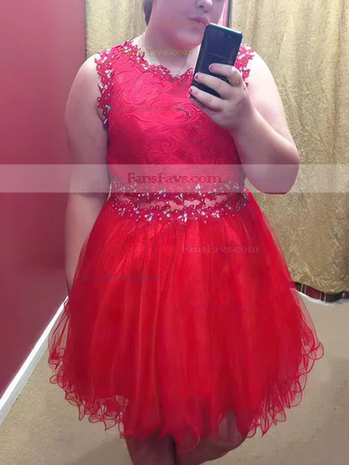 A-line Scoop Neck Tulle Short/Mini Lace prom dress #Favs020105973