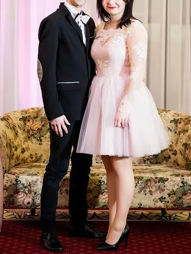A-line Scoop Neck Tulle Short/Mini Appliques Lace prom dress #Favs020106020