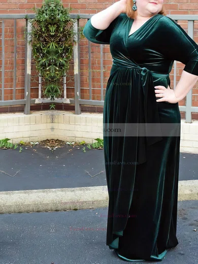 Sheath/Column V-neck Velvet Floor-length Ruffles prom dress #Favs020105993