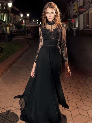 A-line High Neck Lace Chiffon Floor-length Appliques Lace Prom Dresses #Favs020106030 A-line High Neck Lace Chiffon Floor-length Appliques Lace Prom Dresses #Favs020106030