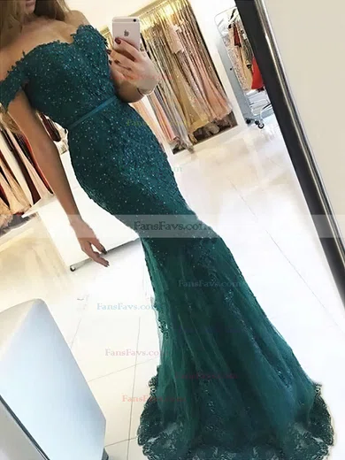 Trumpet/Mermaid Off-the-shoulder Tulle Floor-length Appliques Lace Prom Dresses #Favs020102938