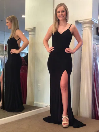 Sheath/Column V-neck Jersey Sweep Train Split Front Prom Dresses #Favs020106032