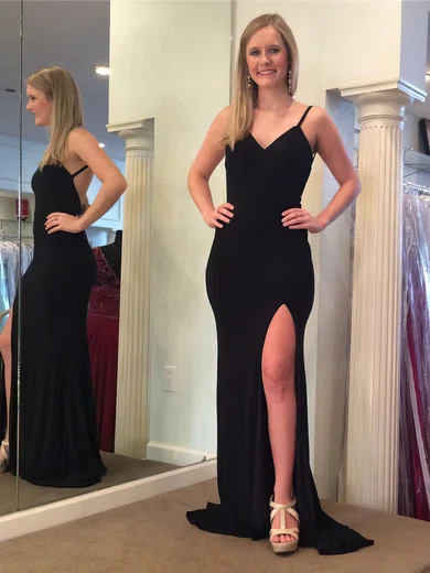 Sheath/Column V-neck Jersey Sweep Train Split Front Prom Dresses #Favs020106032
