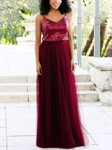 A-line V-neck Tulle Sequined Floor-length Prom Dresses #Favs020106038