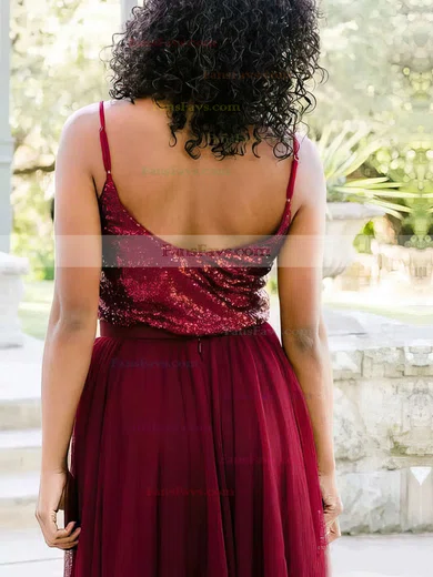 A-line V-neck Tulle Sequined Floor-length Prom Dresses #Favs020106038