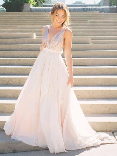 Ball Gown V-neck Chiffon Sequined Sweep Train Ruffles Prom Dresses #Favs020106039