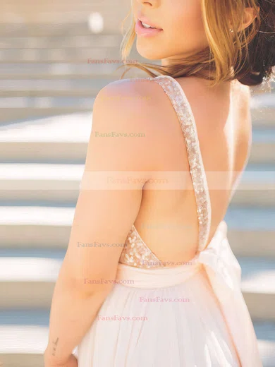 Ball Gown V-neck Chiffon Sequined Sweep Train Ruffles Prom Dresses #Favs020106039