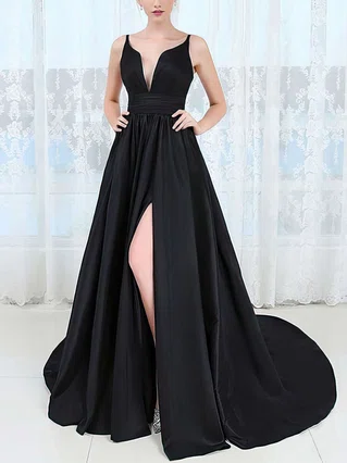 Princess V-neck Satin Sweep Train Split Front Prom Dresses #Favs020106043
