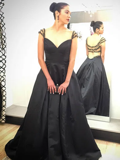 Princess V-neck Satin Sweep Train Beading Prom Dresses #Favs020106052