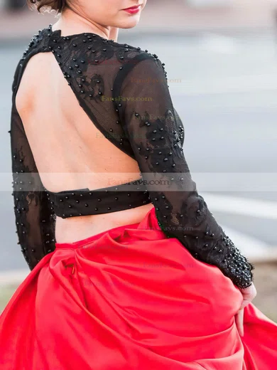 Ball Gown Scoop Neck Satin Tulle Sweep Train Lace Prom Dresses #Favs020106053