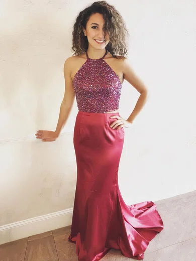 Sheath/Column Halter Satin Sweep Train Beading Prom Dresses #Favs020106054