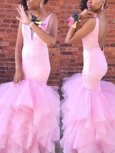 Trumpet/Mermaid V-neck Satin Tulle Floor-length Cascading Ruffles Prom Dresses #Favs020106056