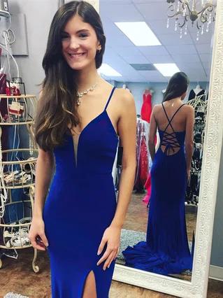 Sheath/Column V-neck Jersey Sweep Train Split Front Prom Dresses #Favs020106057