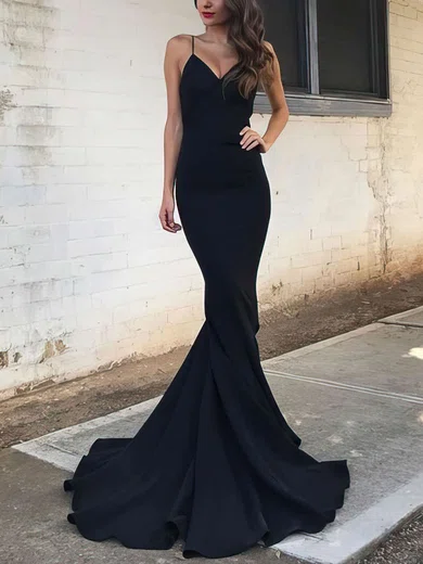 Trumpet/Mermaid V-neck Silk-like Satin Sweep Train Prom Dresses #Favs020106061