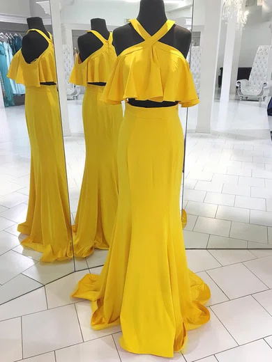 Sheath/Column Scoop Neck Jersey Floor-length Ruffles Prom Dresses #Favs020106070