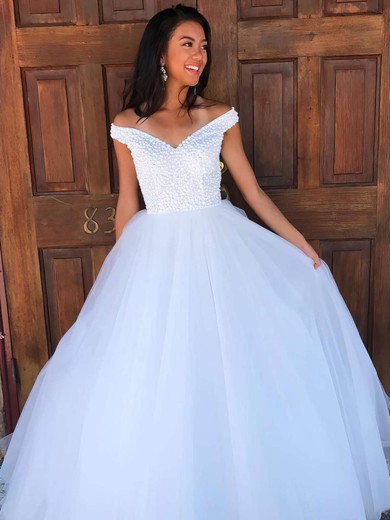 Ball Gown Off-the-shoulder Tulle Floor-length Beading Prom Dresses #Favs020106082
