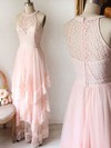 A-line Scoop Neck Lace Tulle Floor-length Tiered Prom Dresses #Favs020106083
