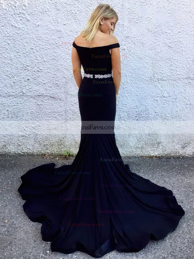 Trumpet/Mermaid Off-the-shoulder Satin Sweep Train Beading Prom Dresses #Favs020106084