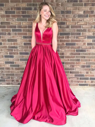 Ball Gown V-neck Satin Floor-length Beading Prom Dresses #Favs020106085