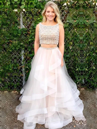 Princess Scoop Neck Tulle Floor-length Beading Prom Dresses #Favs020106086