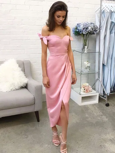 Sheath/Column Off-the-shoulder Silk-like Satin Tea-length Bow Prom Dresses #Favs020106087