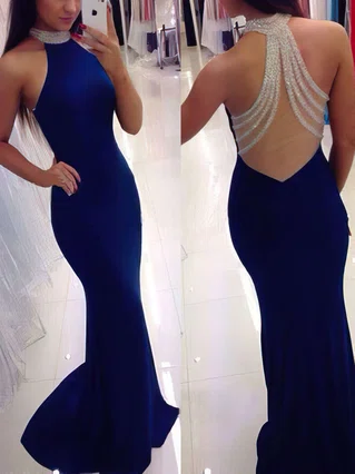 Trumpet/Mermaid High Neck Jersey Sweep Train Beading Prom Dresses #Favs020102490 Trumpet/Mermaid High Neck Jersey Sweep Train Beading Prom Dresses #Favs020102490