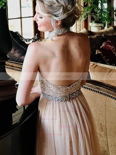 A-line High Neck Chiffon Floor-length Beading Prom Dresses #Favs020106092