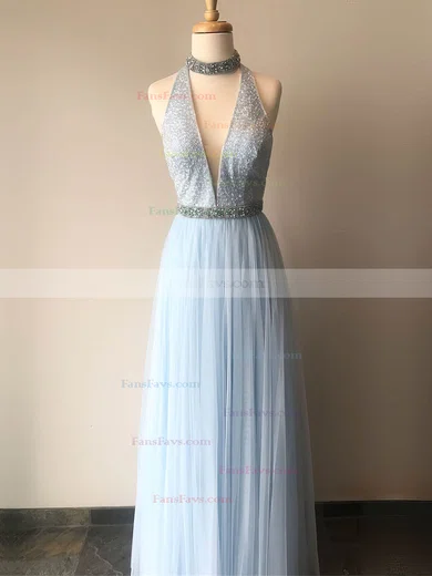 A-line High Neck Chiffon Floor-length Beading Prom Dresses #Favs020106092