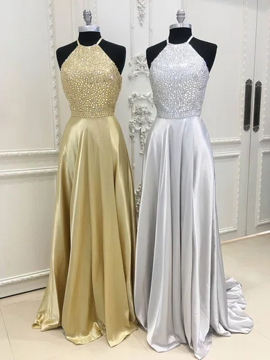 A-line Scoop Neck Silk-like Satin Sweep Train Beading Prom Dresses #Favs020106094