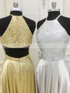 A-line Scoop Neck Silk-like Satin Sweep Train Beading Prom Dresses #Favs020106094