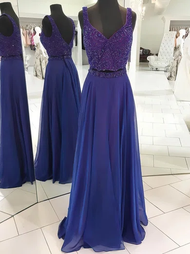 A-line V-neck Chiffon Floor-length Beading Prom Dresses #Favs020106095