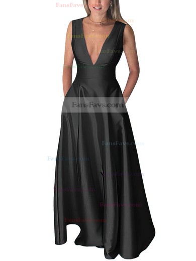 A-line V-neck Silk-like Satin Floor-length Pockets Prom Dresses #Favs020106098