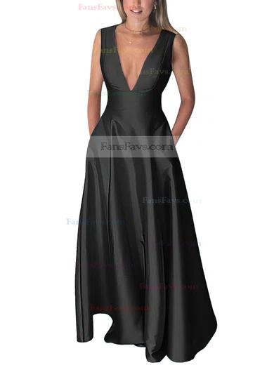 A-line V-neck Silk-like Satin Floor-length Pockets Prom Dresses #Favs020106098