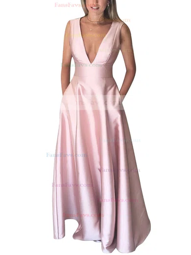 A-line V-neck Silk-like Satin Floor-length Pockets Prom Dresses #Favs020106098