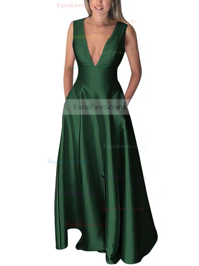 A-line V-neck Silk-like Satin Floor-length Pockets Prom Dresses #Favs020106098